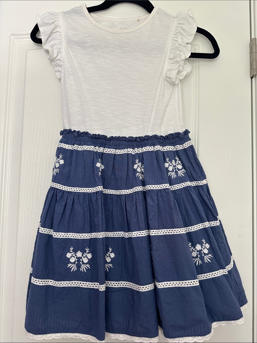 next White Top with Navy Embroidered Tiered Skirt Dress